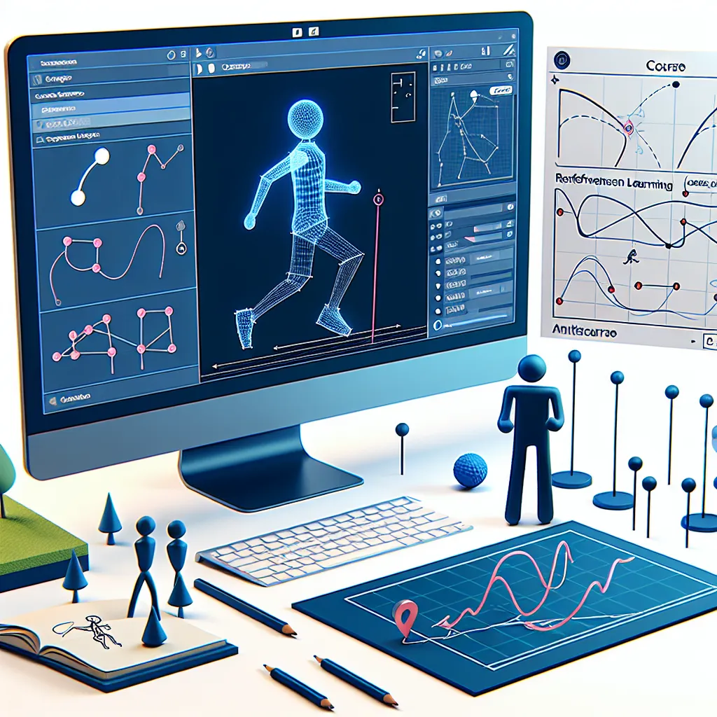 Illustration of a computer screen displaying a 3D animation software interface with a stick figure walking, alongside sketches of a course layout and reinforcement learning diagrams.
