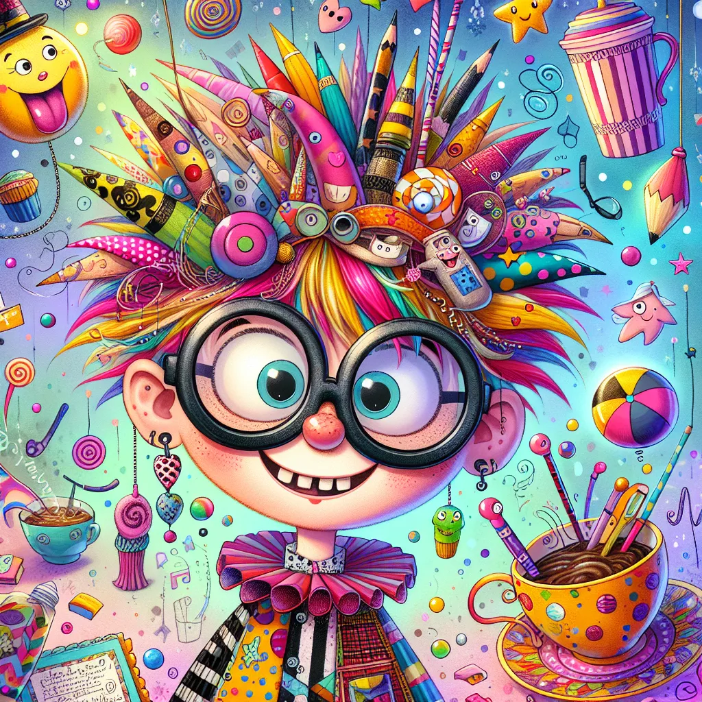 Whimsical illustration of a character named Vischer Funnington, a quirky figure with oversized glasses, a colorful outfit, and an eccentric hairstyle, surrounded by playful, animated objects.