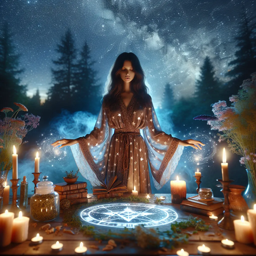 Image of a serene and mystical scene with a spellcaster, surrounded by candles and herbs, casting a love spell under a starry sky.