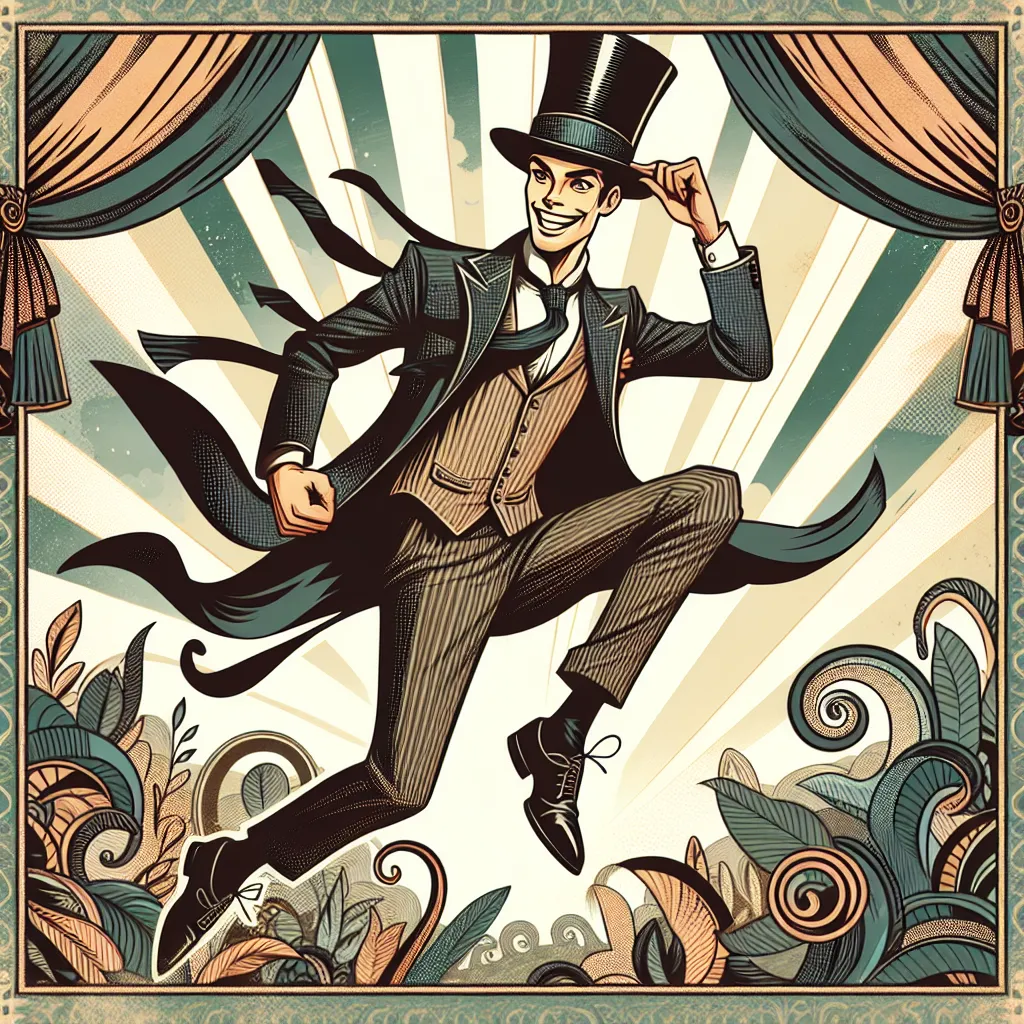 Illustration of a stylish character inspired by Alastor, featuring a vintage suit, top hat, and a playful, energetic pose, set against a whimsical backdrop.