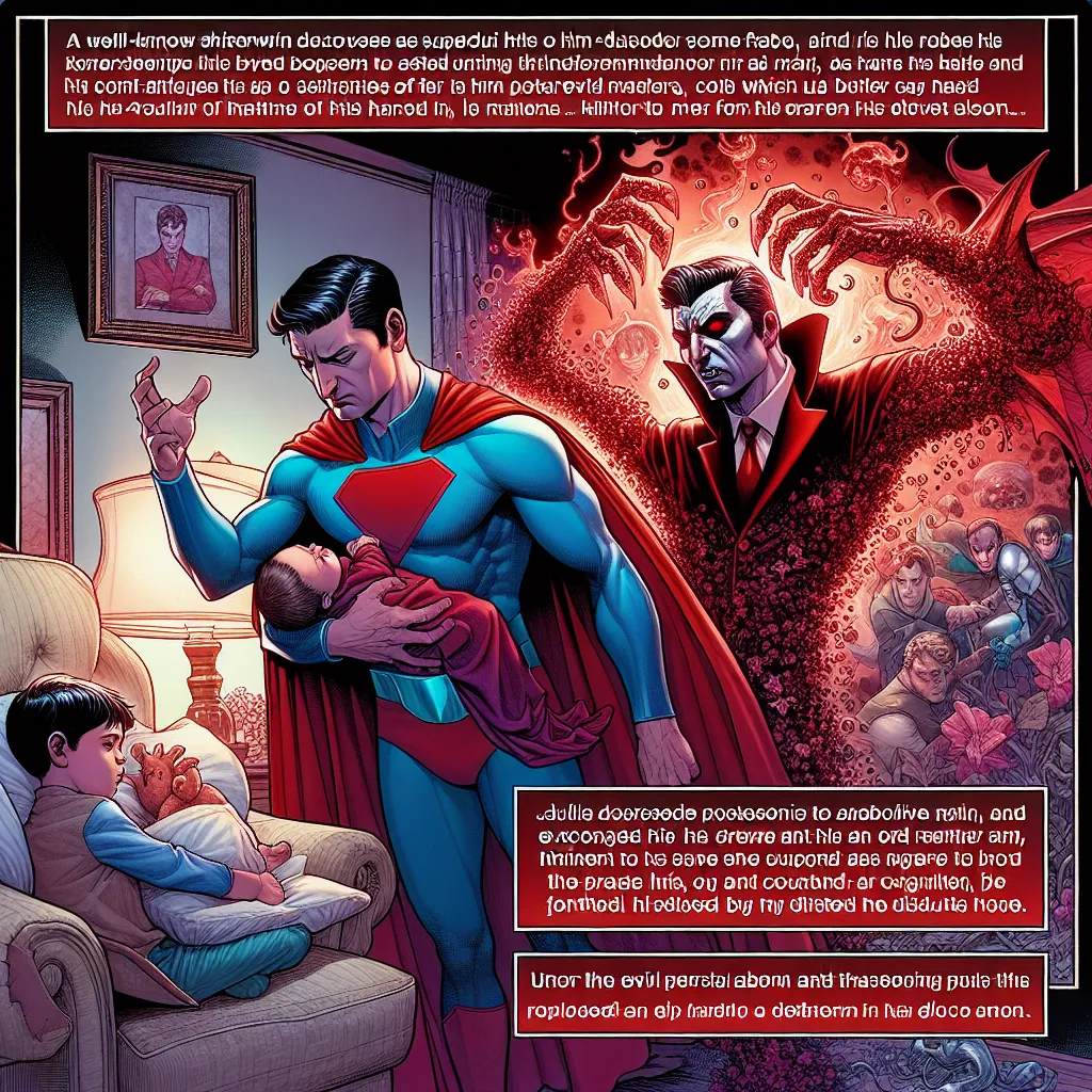 **Título: El dilema de un héroe**

Clack Kent, conocido como Superman, encuentra un día a un bebé recién nacido en su puerta y decide adoptarlo. A medida que el niño crece bajo su guía, se convierte en un joven noble y estudioso. Sin embargo, un oscuro giro de los eventos ocurre cuando Superman es capturado y expuesto a una extraña kriptonita roja, liberando a Ultraman, su malvado alter ego.

Bajo el control de Ultraman, un amor posesivo por su hijo florece, llevándolo a eliminar cualquier amena