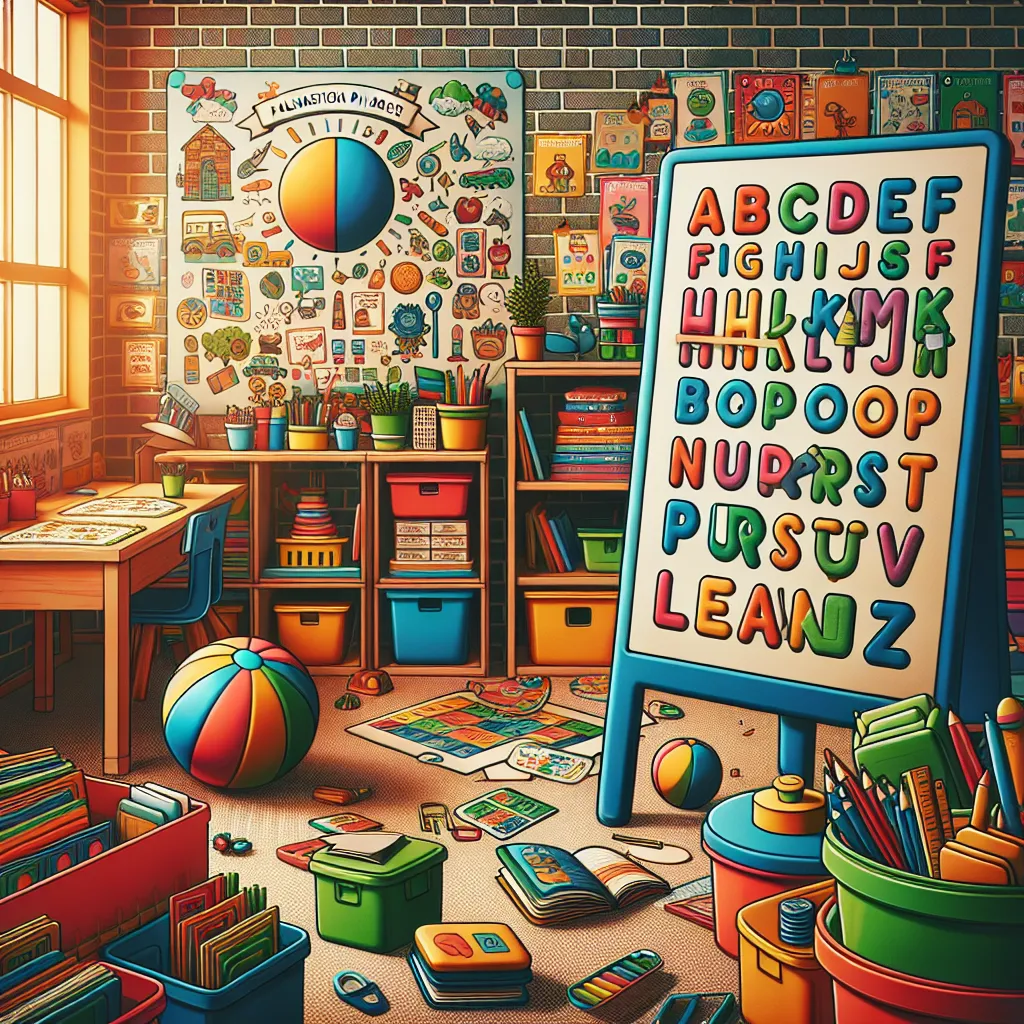 Photo of a vibrant classroom with colorful posters on the walls, labels on everyday objects, and an alphabet chart, showcasing a language-rich environment for Foundation Phase learners.