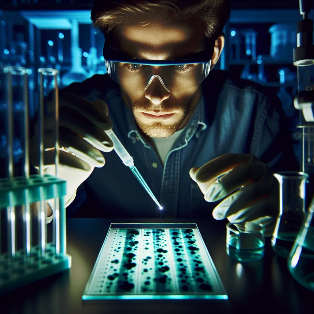 Image of a scientist examining a thin-layer chromatography (TLC) plate under a UV light to analyze the separation of components in a mixture.