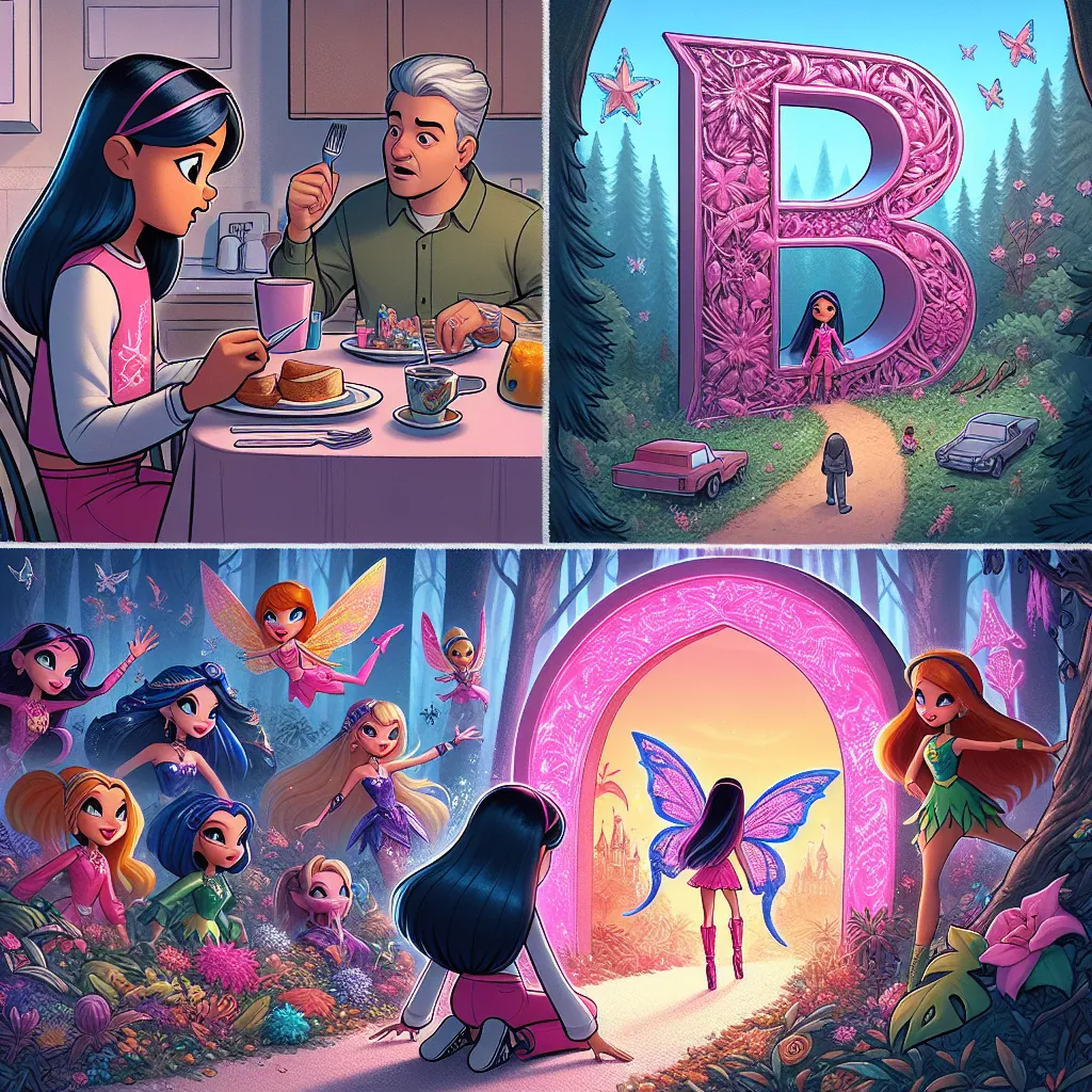 **Title: A Journey Beyond**

**Characters:**
- **Ella**: A bright, imaginative girl who loves "Winx Club."
- **Dad**: Ella's practical father who values education.

**Setting**: Ella's kitchen, the forest, and the magical dimension of Alfea.

---

**Scene 1: Breakfast Table**

*Ella sits at the breakfast table, playing with her collection of Winx dolls.*

**Ella**: "Dad, can I be a fairy like Bloom someday? I really want to go to Alfea!"

**Dad**: "Ella, I think you should focus on your studies 