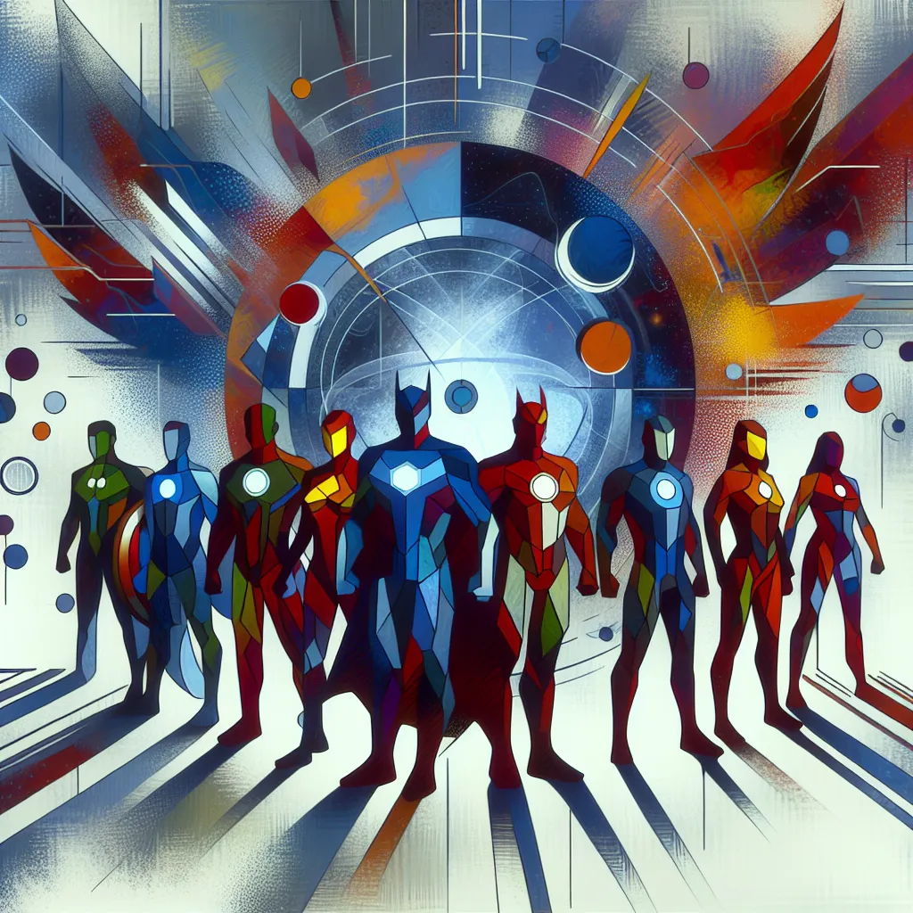 Avengers, Team, Kang, Multiverse, Heroes in an abstract style