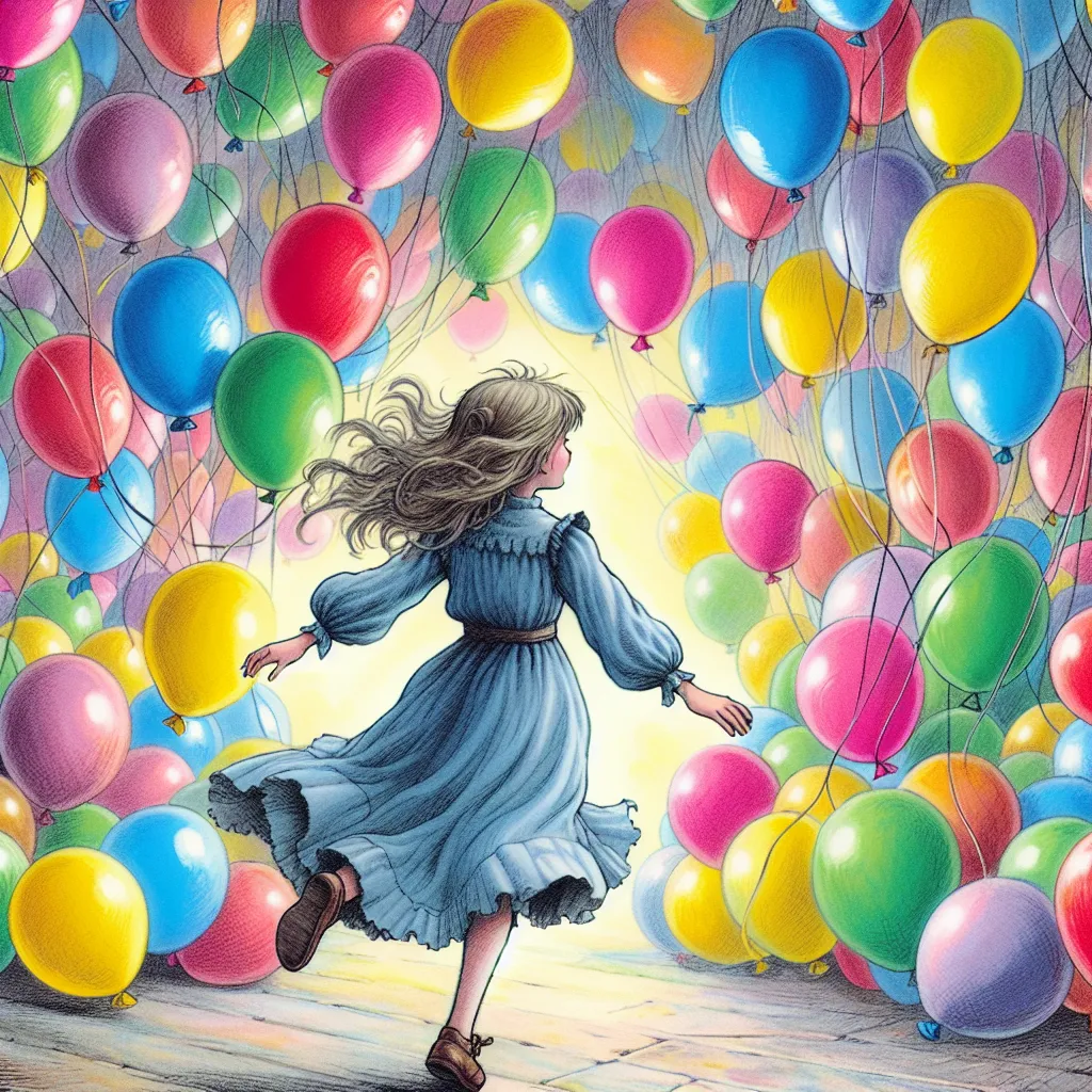 Illustration of a whimsical scene featuring a girl surrounded by colorful balloons, with a playful nod to her balloon-like transformation, capturing the lighthearted and imaginative nature of the story.