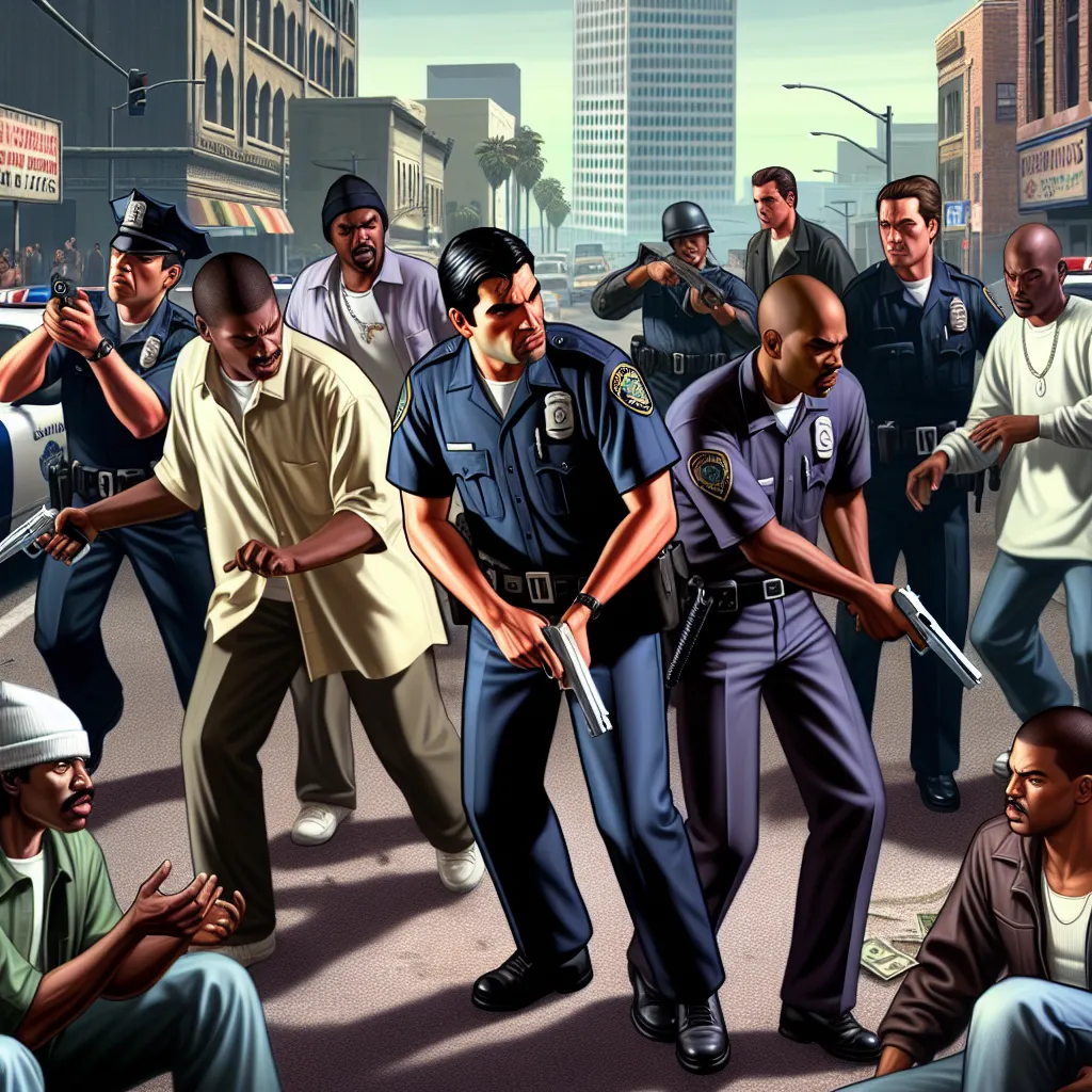 In "GTA San Andreas," the narrative follows Carl "CJ" Johnson as he returns to Los Santos after learning about his mother's murder. Upon his return, CJ witnesses the rampant corruption and crime plaguing the city, including the local police force.

The everyday life of the Los Santos police involves navigating the complexities of both fighting crime and corruption within their ranks. Officers regularly face challenges from gangs, drug trafficking, and the influence of crooked cops.

**Dialogue E