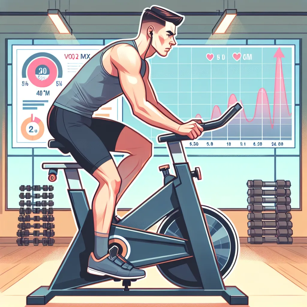 Illustration of a fit 30-year-old male exercising on a stationary bicycle in a gym, with a VO2 max chart in the background.