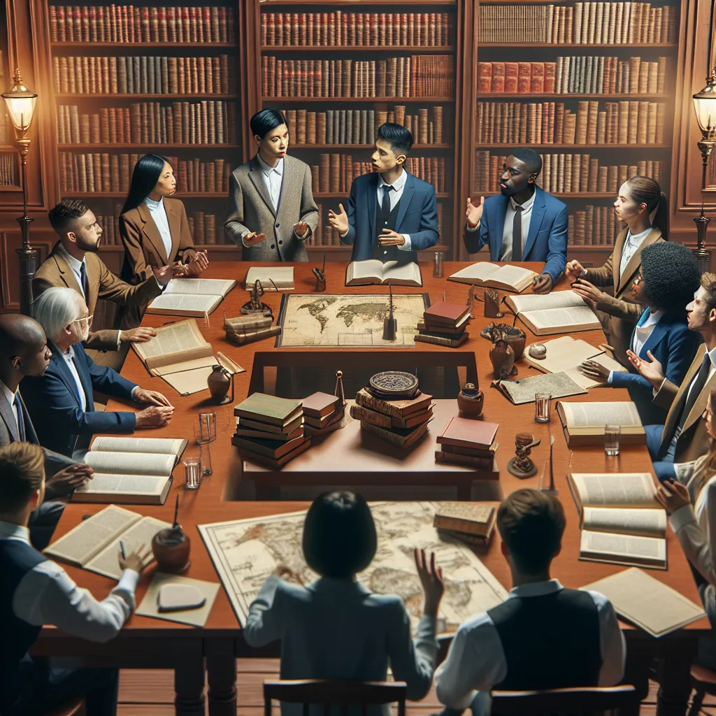 Image of a debate setting with diverse individuals discussing historical evidence, surrounded by books and documents.