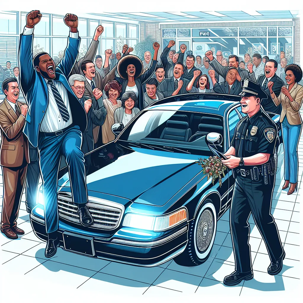 Illustration of a busy car dealership with officers and staff rejoicing around a new Ford Crown Victoria, symbolizing its successful reintroduction.