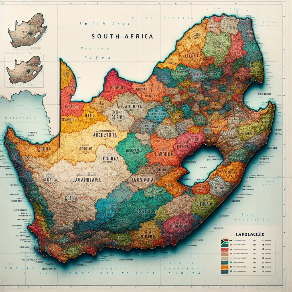 Map of South Africa highlighting landlocked provinces with their capital cities marked.