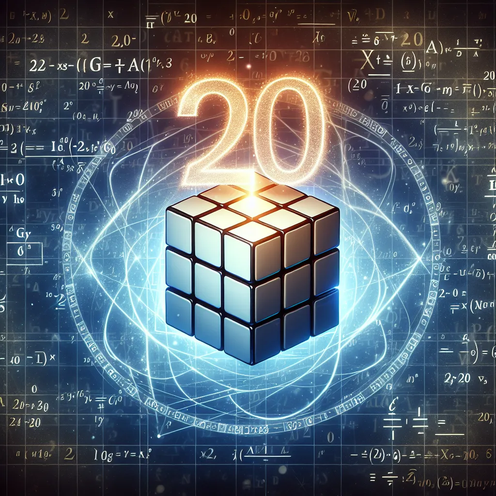 Illustration of a Rubik's Cube with a glowing number "20" above it, symbolizing God's number, set against a backdrop of mathematical symbols.