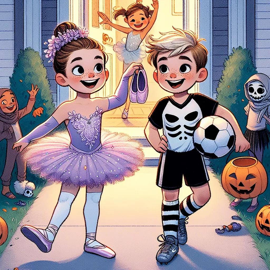 **Title: A Spooky Switch-Up**

This Halloween, Max and Lily decided to shake things up a bit. Instead of their usual costumes, they thought it would be fun to swap outfits. Max, with a mischievous grin, donned Lily's soft purple leotard with the attached tutu, her ballet tights, and fluffy ballet slippers. To complete the look, he confirmed that her favorite accessories were in place. 

Lily, excitedly searching through Max’s clothes, slipped into his jockstrap, soccer shirt, and shorts, pairing