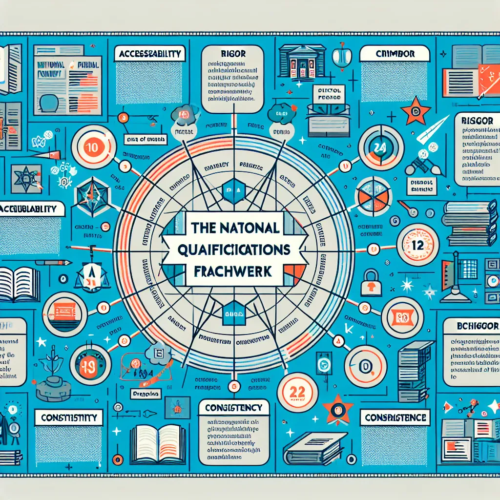 Infographic illustrating the 12 principles of the National Qualifications Framework, featuring keywords like "Accessibility," "Rigor," and "Consistency," alongside brief explanations for each principle.