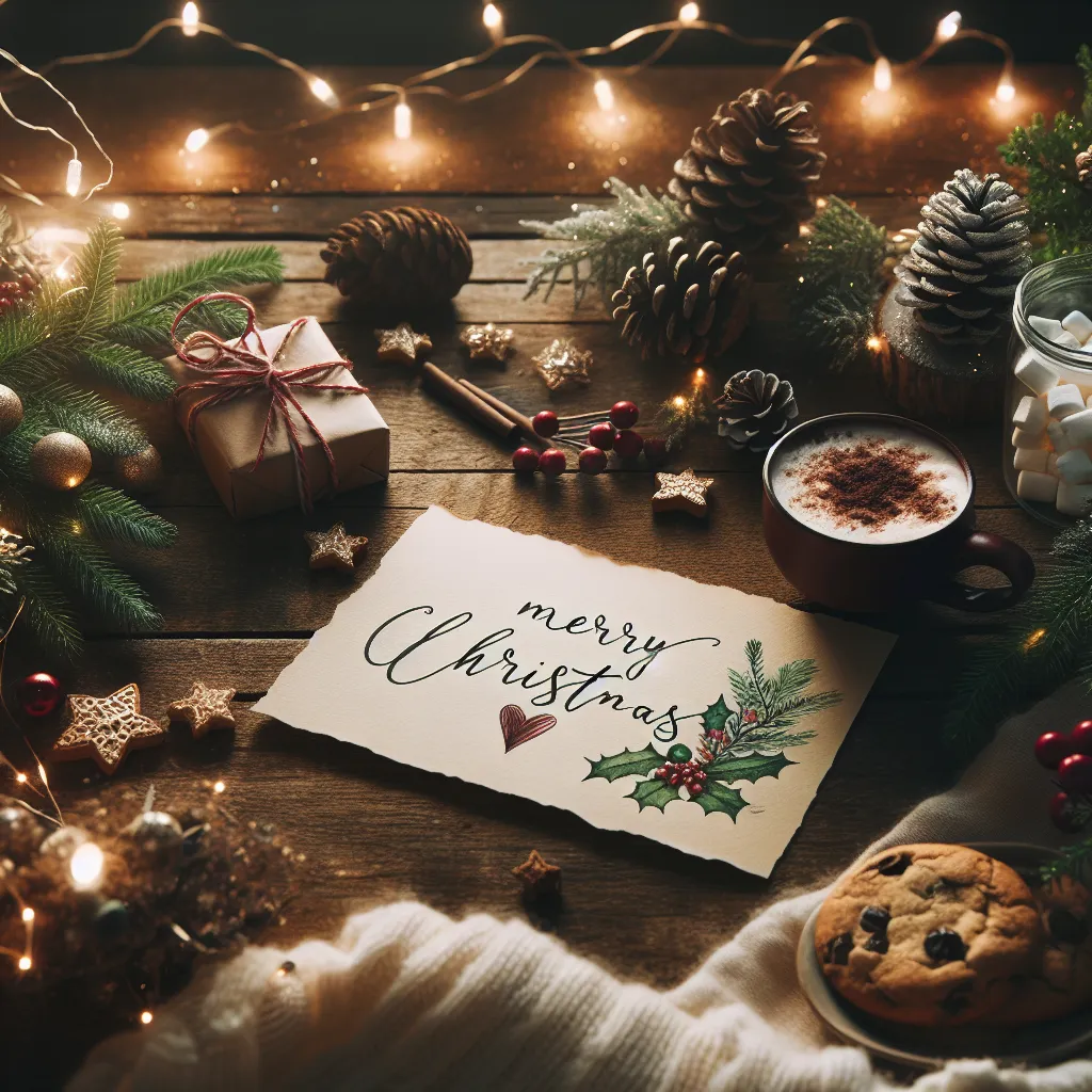 Image of a cozy scene with a handwritten Christmas wish on a card, surrounded by warm decorations, twinkling lights, and a festive atmosphere.