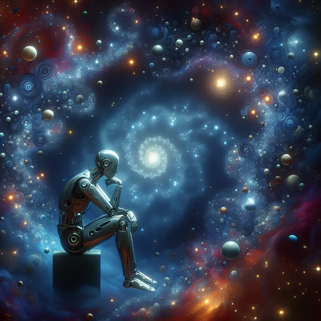 Surreal illustration of a robot contemplating the universe, surrounded by stars and cosmic elements, pondering existential questions.