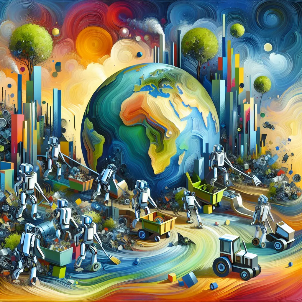 Earth, Garbage, Robots, Cleanup, Community in an abstract style