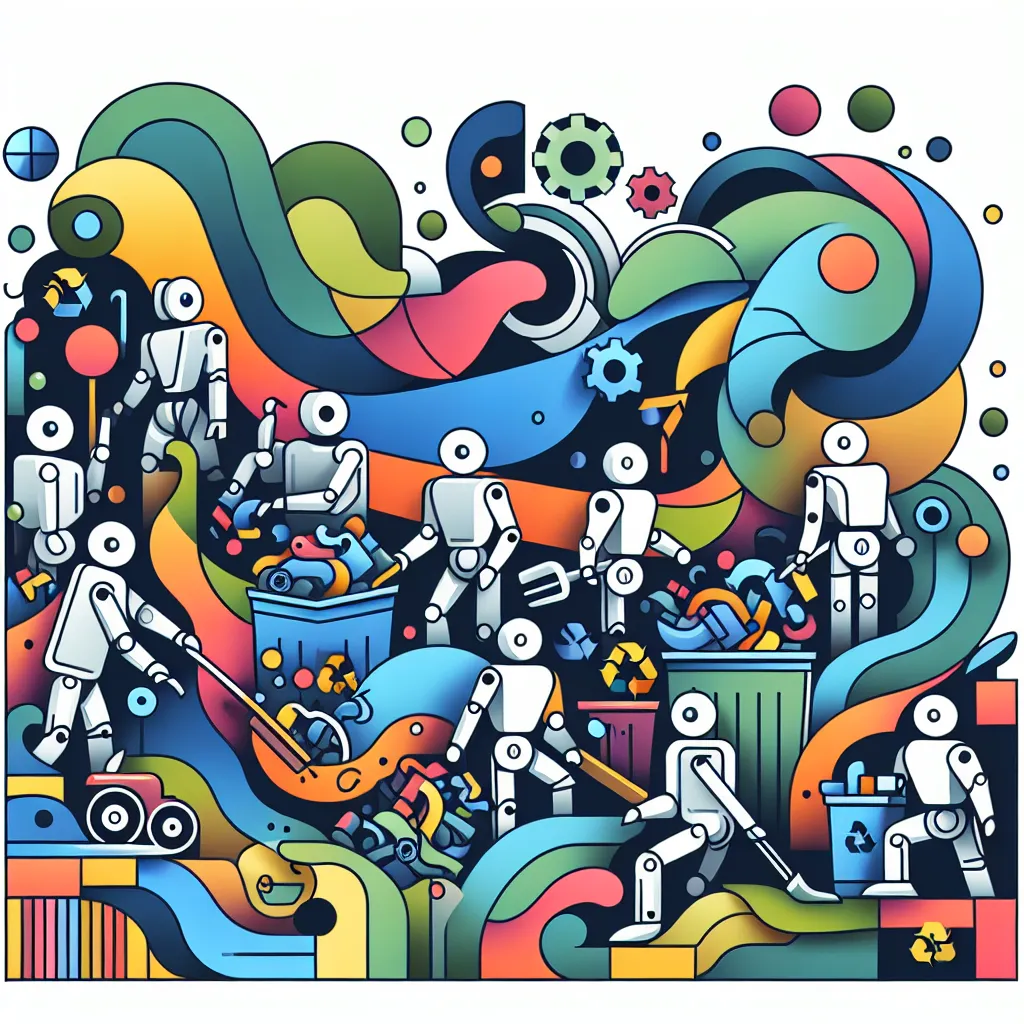 Garbage, Robots, Cleaning, Cooperation, Environment in an abstract style