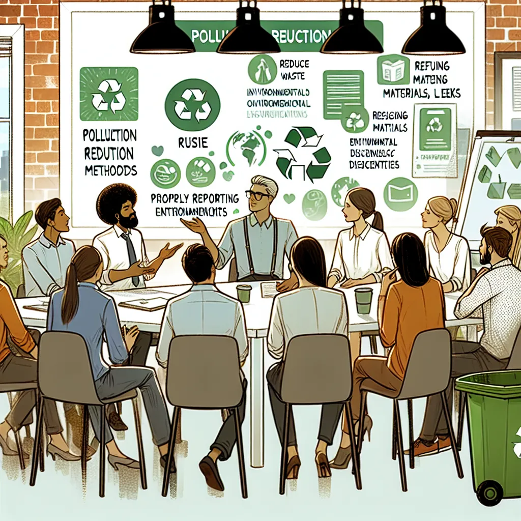 Illustration of an office setting with employees discussing pollution reduction methods, highlighting various actions like waste reduction and reporting leaks.