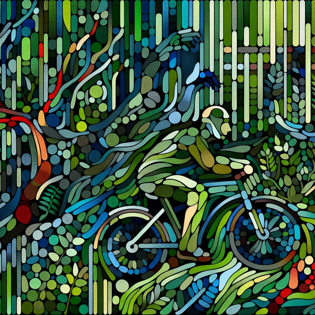 Escape, Prisoner, Forest, Disguise, Bicycle in an abstract style