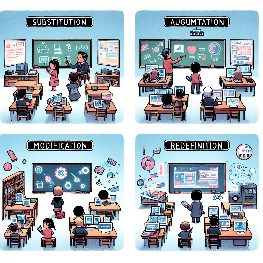 Illustration of four sections labeled Substitution, Augmentation, Modification, and Redefinition, each depicting classroom scenes with varying levels of technology integration, from basic to transformative.