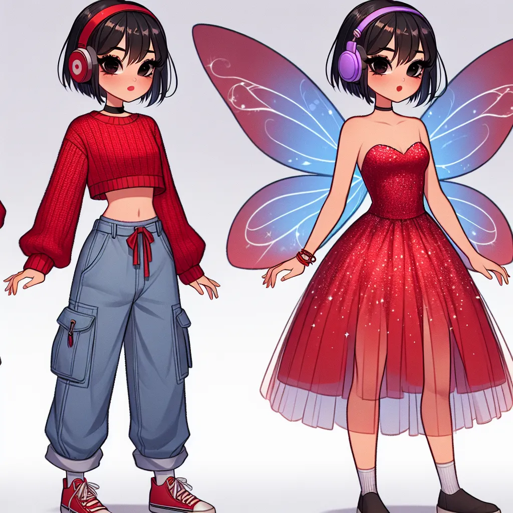 Digital art of a character named Musa dressed in a casual outfit featuring a red crop top, baggy cargo jeans, a red headband, and red sneakers. In her fairy form, she wears a red dress with a coordinating skirt, simple blue fairy wings, and purple headphones. Her sparkling attire complements her short twin tails and bangs in black hair, black eyes, and Asian features.