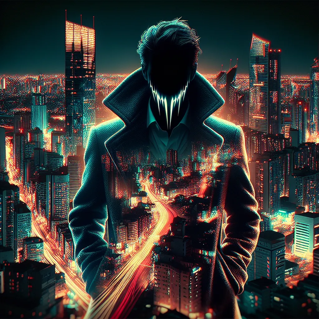 Digital artwork of a modern city at night, featuring a shadowy figure in a stylish coat, blending in among the bustling crowd while subtly revealing fangs.