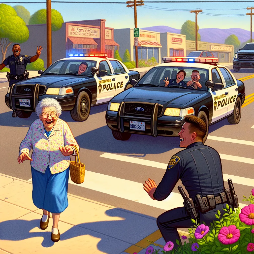 Title: "The Grandmother in the Middle of the Road"

Once upon a sunny afternoon in a small American town, Grandma Edna decided to take a leisurely stroll. As she confidently waddled across the road, she noticed the vibrant flowers blooming along the sidewalk.

Just then, three Ford Crown Victoria police interceptors sped by, sirens blaring. The lead officer, Officer Thompson, slammed the brakes and leaned out of the window, shouting, "What’s that old lady doing in the middle of the road?"

Offic