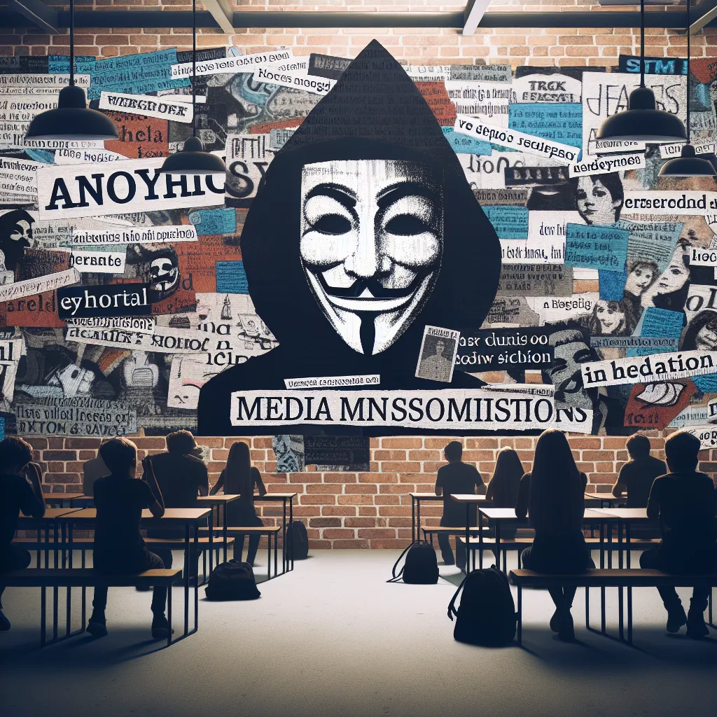 An artistic collage featuring headlines and quotes from "Columbine" by Dave Cullen, highlighting media misconceptions, set against a backdrop of a somber school environment.