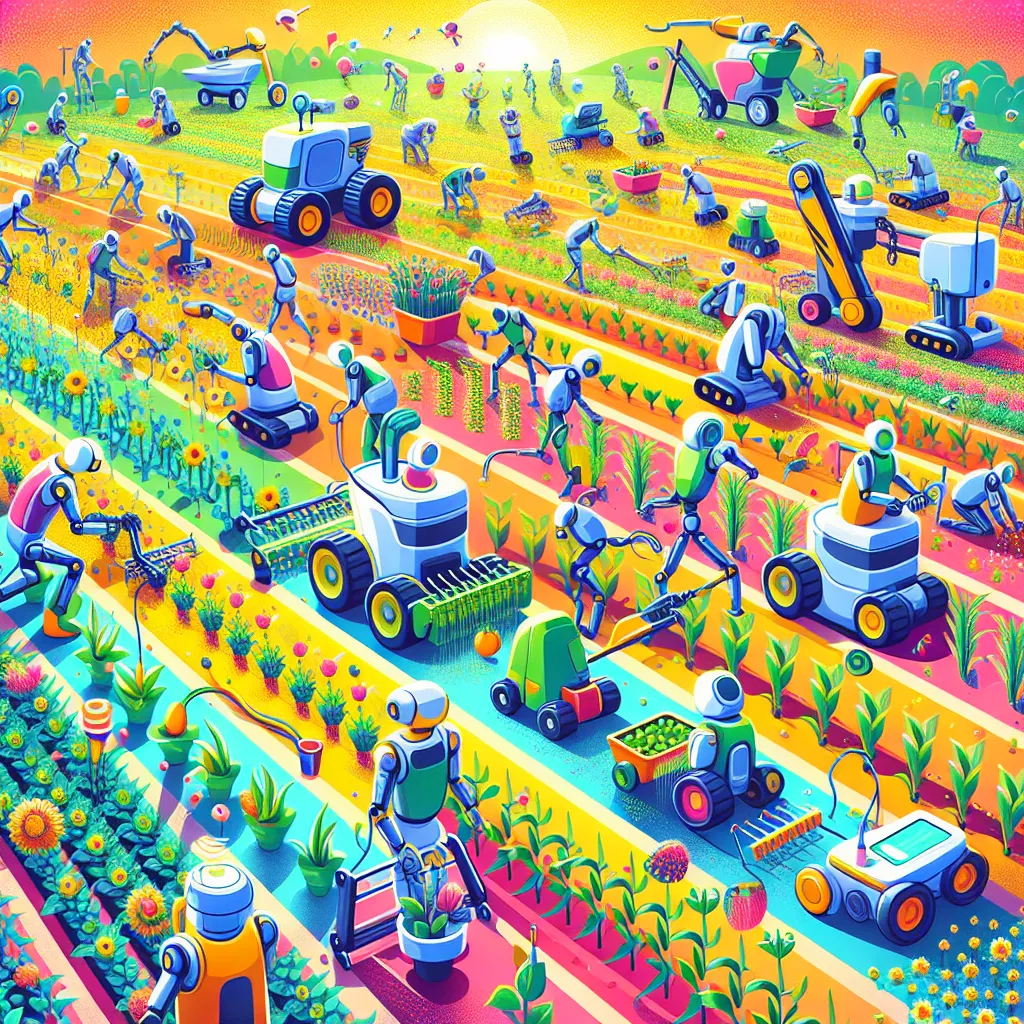 Illustration of various farming robots operating in a vibrant field, showcasing tasks like planting, harvesting, and monitoring crops.