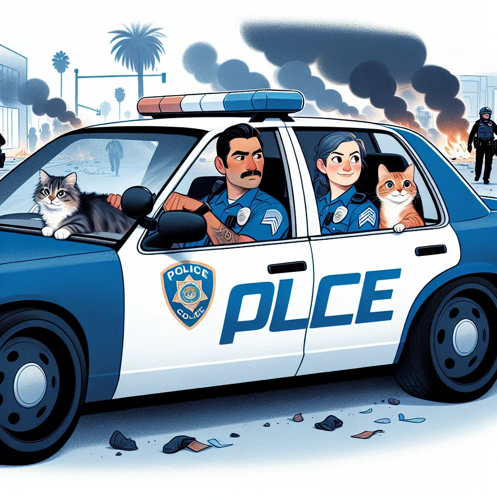 Illustration: An Atlanta police officer and his partner in a slightly damaged police car, escaping a riot with their pet cats in the back seat.