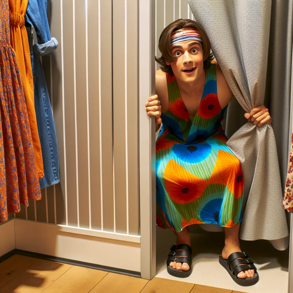 **Image Description:** A light-hearted scene inside a fitting room of a women's clothing store, showing a teenage boy in a colorful dress and sandals, with a scrunchie in his hair and a surprised expression. The changing curtain is slightly parted, revealing a playful atmosphere as he peeks out to ensure the coast is clear.