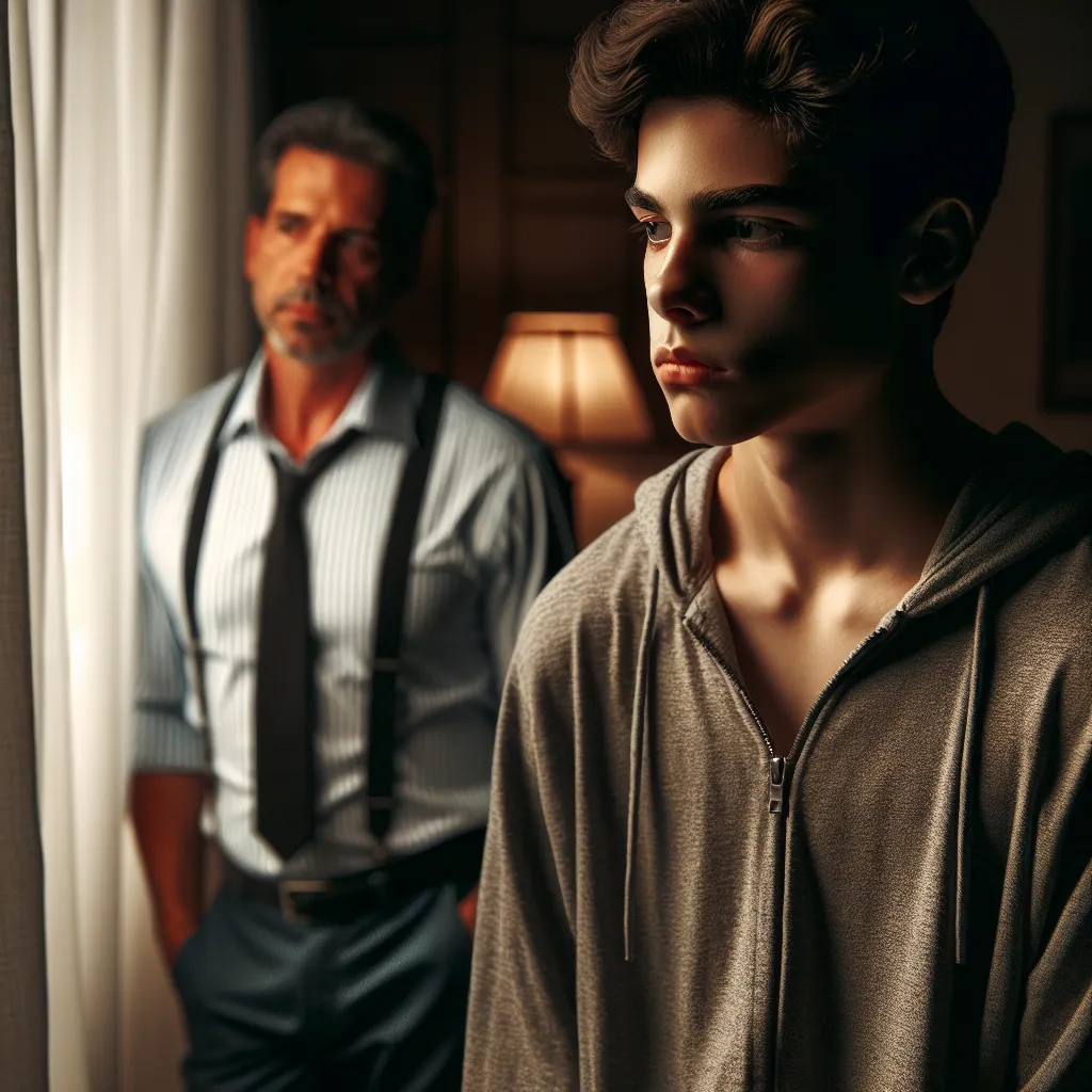 Imagen de un joven adolescente triste mirando por la ventana en una habitación oscura mientras su padre, un hombre musculoso y elegante, se aleja indiferente.