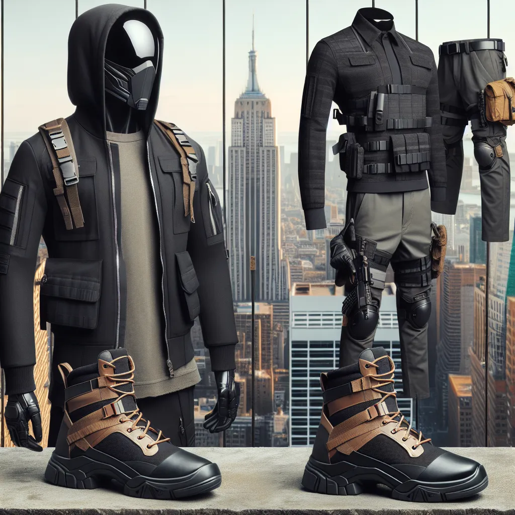 Image of a stylish outfit inspired by a character named Stryker, featuring a sleek jacket, tactical pants, and combat boots, set against an urban background.