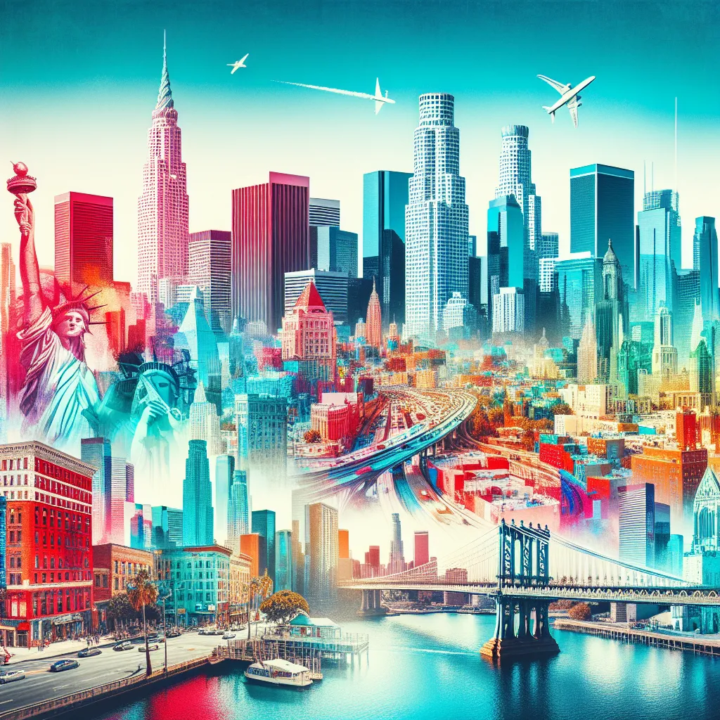 Vibrant cityscape collage featuring iconic landmarks from Los Angeles and New York, with a backdrop of bright blue skies and a lively urban atmosphere.