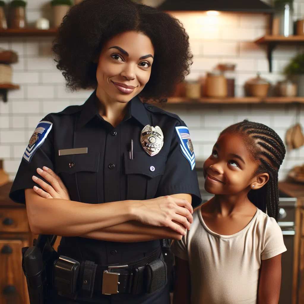 Image of a confident African-American woman in a police uniform, standing protectively with her eight-year-old daughter, Kira, in a cozy kitchen. The mother has curly hair tied back, wearing a badge with pride, while Kira, with beautiful braids and a bright smile, looks up at her mom admiringly. The scene captures the warmth of their bond, emphasizing the mother’s strong, loving demeanor as she imparts life lessons about courage and perseverance.