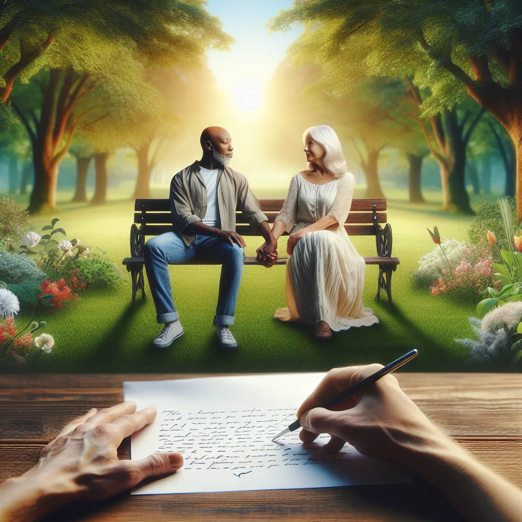 A heartfelt letter with a serene background, featuring a couple holding hands while sitting on a park bench, symbolizing reconciliation and understanding.