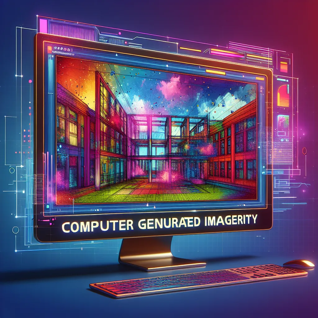 Illustration of a computer screen displaying a 3D animation scene, labeled with "Computer Generated Imagery (CGI)" prominently featured.