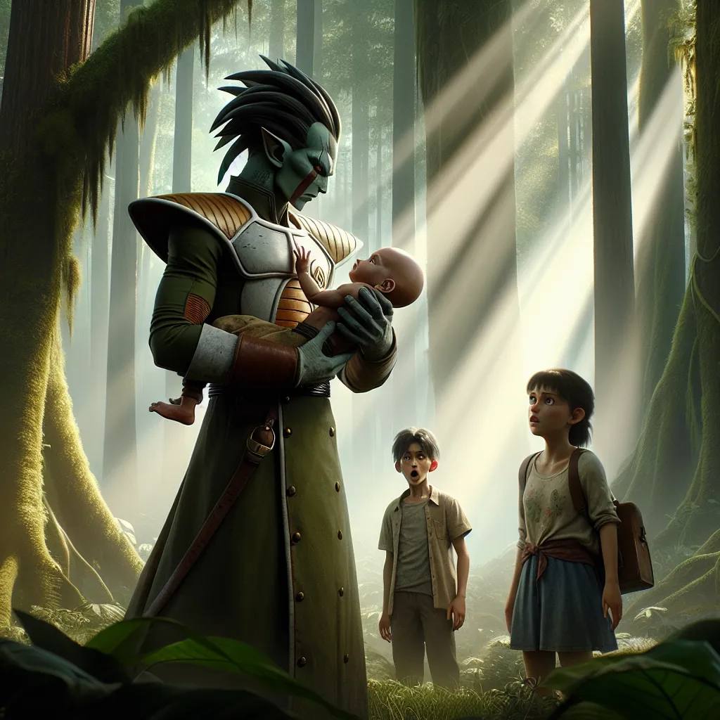 Ilustra una escena de un saiyajin en el bosque, con árboles que reflejan una mezcla de oscuridad y luz. El saiyajin lleva una vestimenta militar y mira con una expresión de conflicto hacia un bebé humano en sus brazos, mientras en el fondo, dos figuras que representan a sus hijos observan la interacción con sorpresa y confusión.