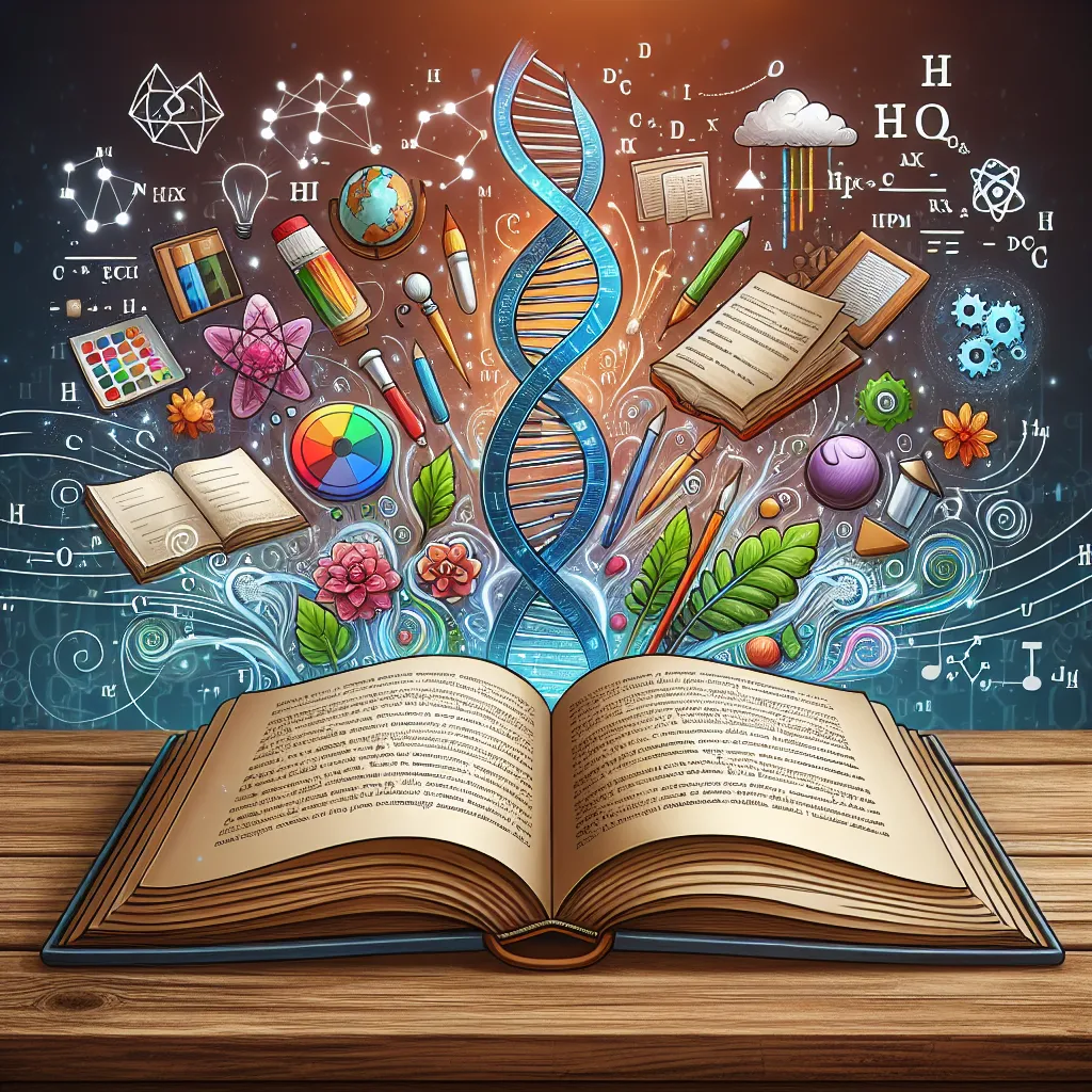 Illustration of an open book with diverse subjects represented by symbols (science, art, math) floating around it, symbolizing a curriculum.