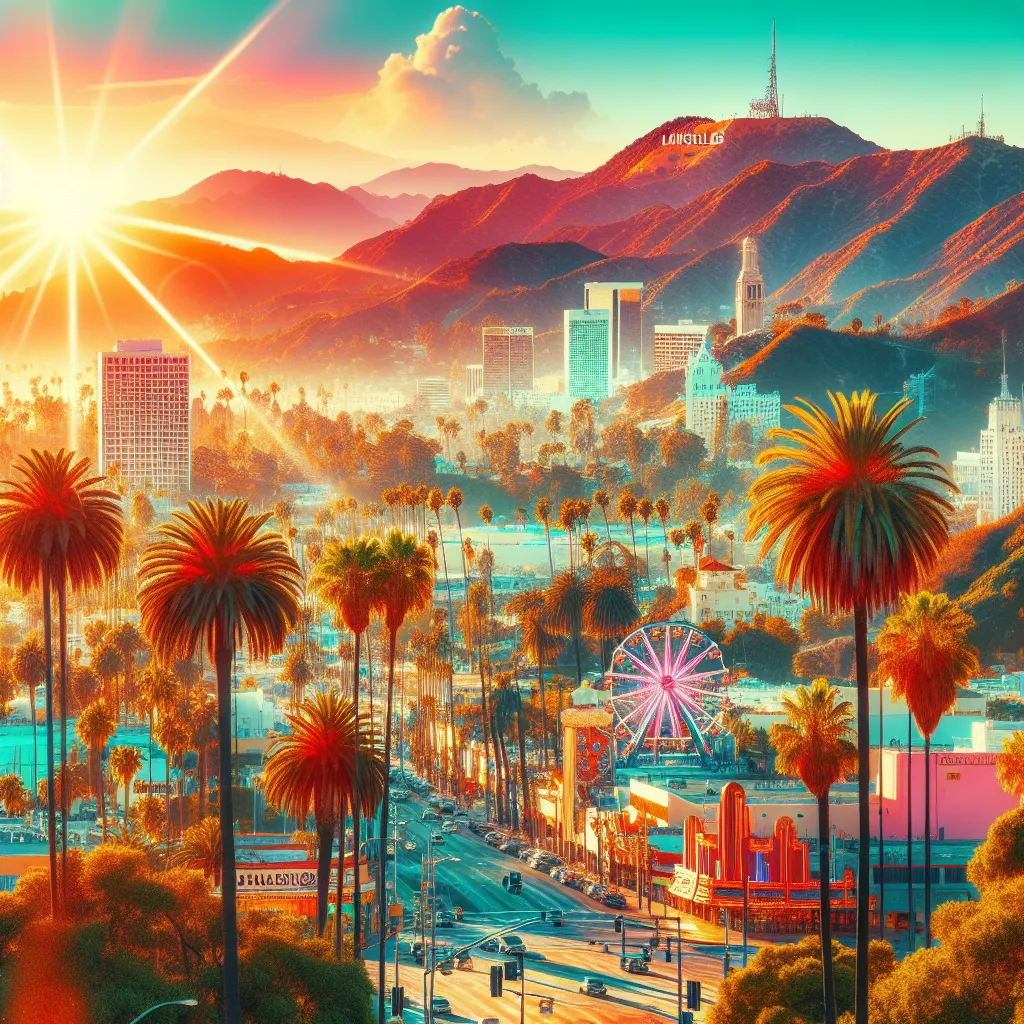 Vibrant cityscape of Los Angeles showcasing palm trees, sunshine, and iconic landmarks like the Hollywood sign and Santa Monica Pier.