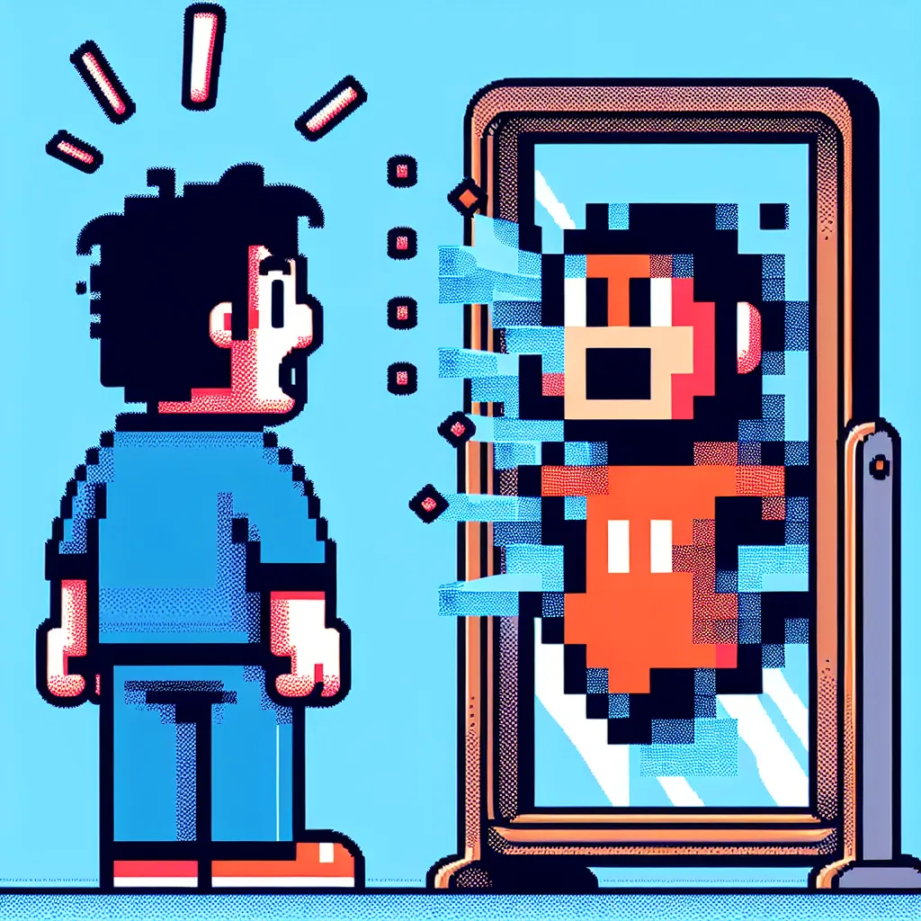 Illustration of a person standing in front of a mirror, looking surprised as they see their reflection transformed into a character from a video game.