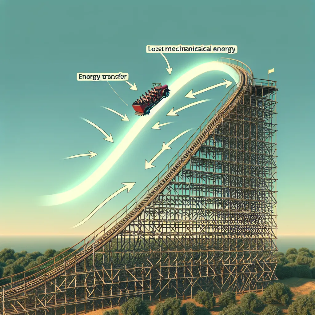 Illustration of a roller coaster car at the top of a hill, with arrows showing energy transfer to the surroundings as it descends, highlighting the concept of lost mechanical energy.