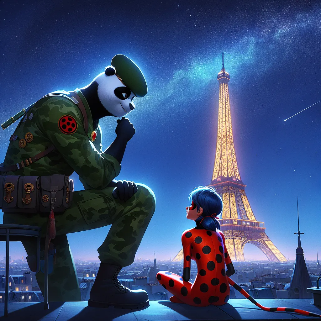 **Title: Paint Panda’s Prophecy**

In the midst of the shadows cast by Hawk Moth’s schemes, a new hero emerged: Paint Panda, the Guardian of Imagination. From afar, he observed the daring exploits of Ladybug and Cat Noir, keenly aware of the darker timeline from which he hailed.

One fateful evening, with the Eiffel Tower lighting up the Paris skyline, Paint Panda left behind four vibrant symbols marking a map for Ladybug. Drawn by curiosity and the promise of answers, Ladybug followed the clues