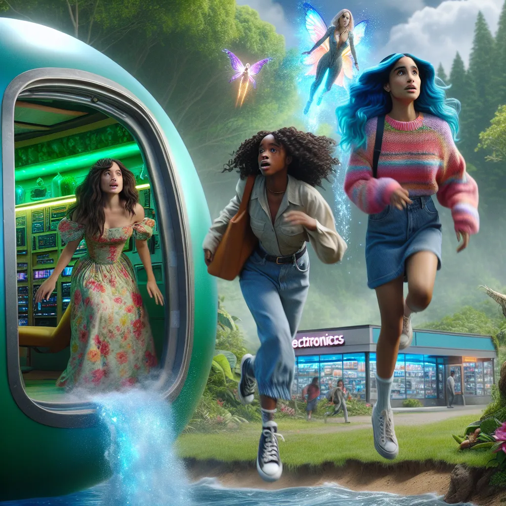 Live-action scene from a Winx movie featuring colorful capsules landing on Earth. Flora emerges from her capsule by the forest, quickly running away in her floral attire. Nearby, Tekna exits her capsule next to an electronics store, slightly breaking the window as she steps out, determined and tech-savvy. Aisha pops out of the water, her hair covering her nakedness, curiously asking if someone is the tooth fairy, before dashing away as her parents call for her. Meanwhile, Charlie, a girl dreamin