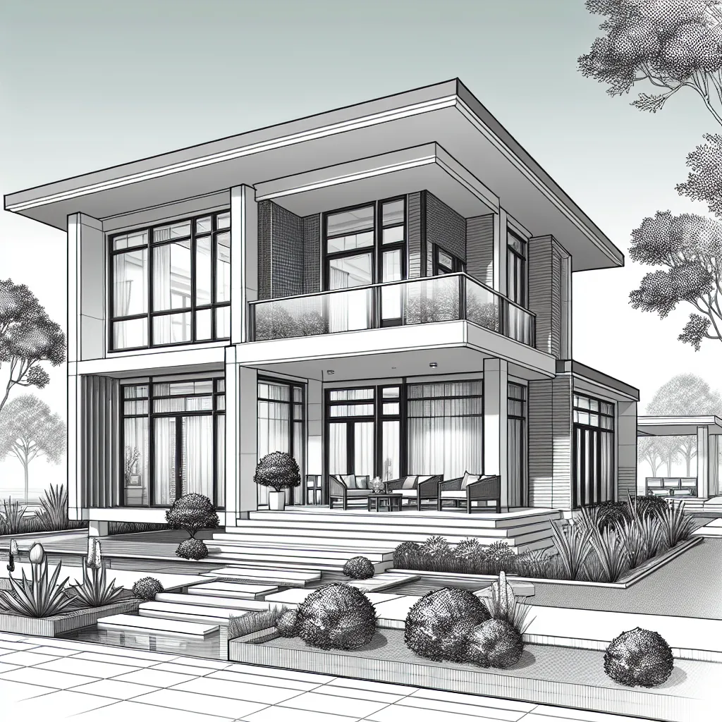 Architectural illustration of a modern two-story house featuring a large front porch and landscaped yard.