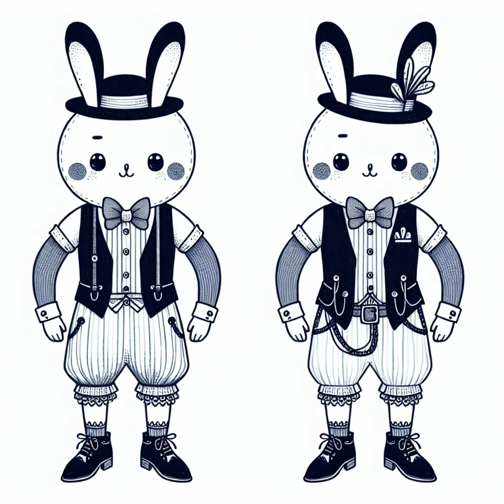 Illustration of a character inspired by Alastor, featuring a stylish vest, bowtie, and spats, while replacing trousers with a fashionable skirt and incorporating whimsical accessories.