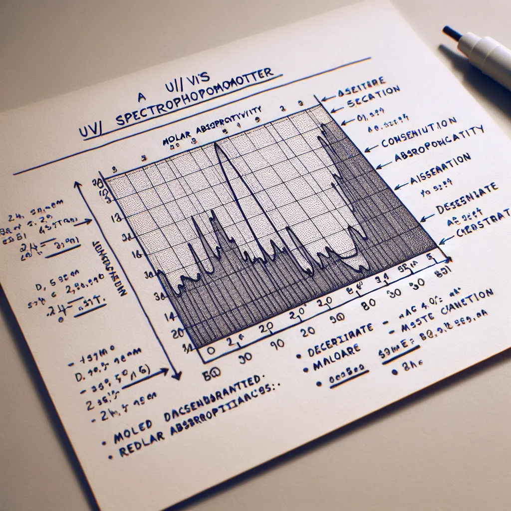 Image of a UV/vis spectrophotometer printout displaying absorbance and concentration data, with annotations indicating the determined concentration, molar absorptivity, and regression analysis results.