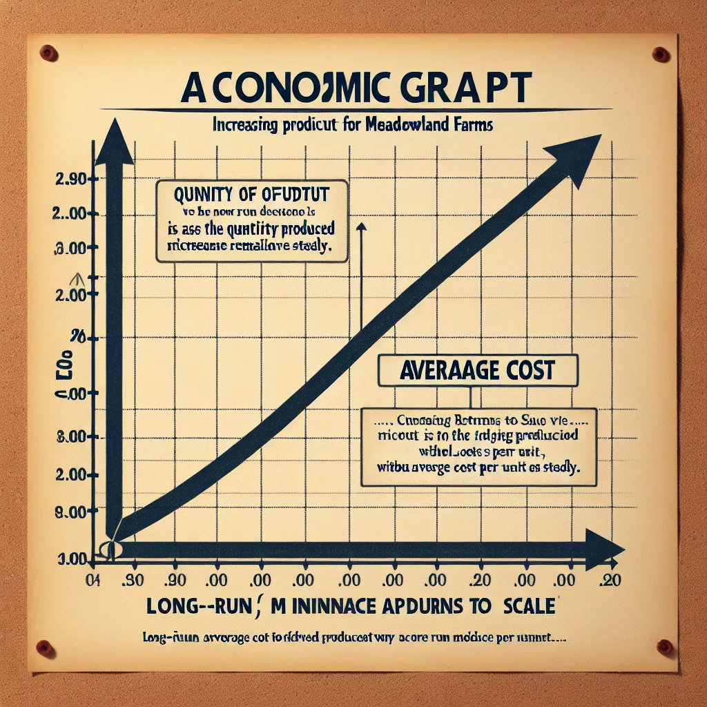 The long-run average cost (LRAC) curve for Meadowland Farms, where doubling production also doubles costs, is represented as a downward-sloping linear line. This indicates constant returns to scale, meaning that as production increases, the average cost per unit remains constant.

### Diagram Description: 

1. **X-Axis:** Quantity of Output
2. **Y-Axis:** Average Cost
3. **Graph Line:** A straight, downward-sloping line indicating that as the quantity produced increases, the average cost remains