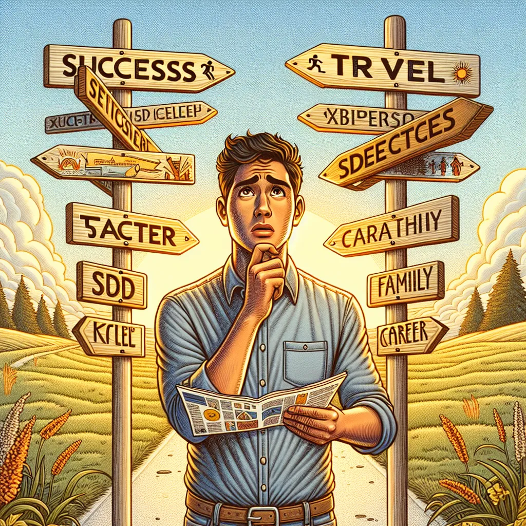 Illustration of a person standing at a crossroads with multiple signs pointing in different directions, looking puzzled.